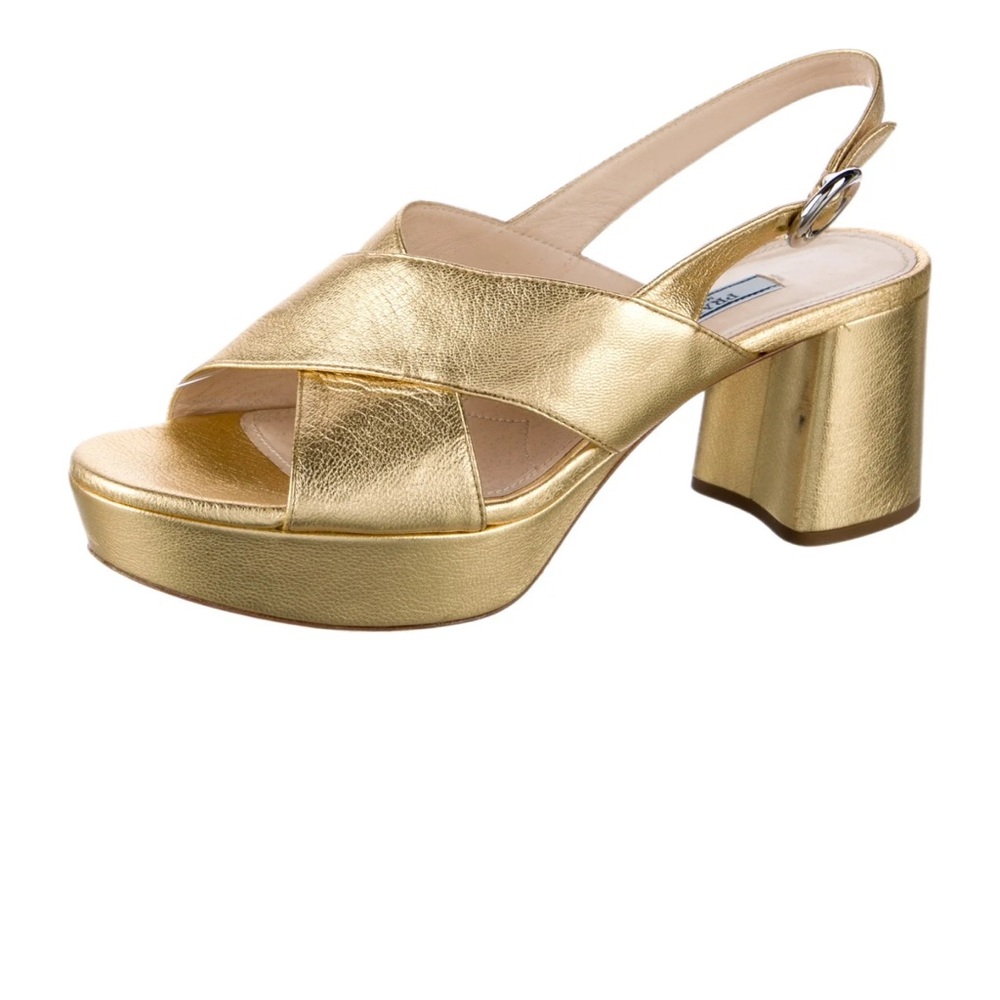 REAL Prada Gold Slingback Block Heel Sandals